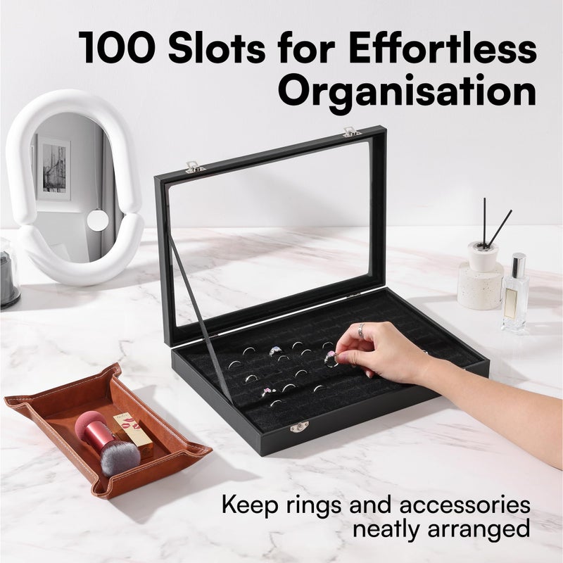 H&S HS Ring Display Box Case - Jewelry Storage Organizer with Glass Lid & Velvet Lining - Holder Tray Fits up to 100 Rings - Black - Image 5